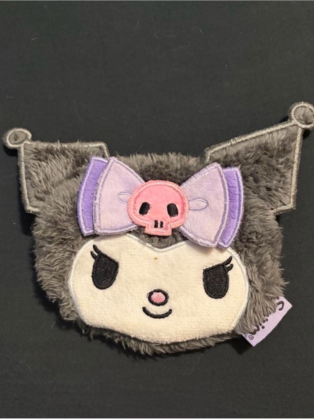 Hot Topic Gray Plush Kuromk Coin Pouch with Purple Bow and Pink Skull Sanrio